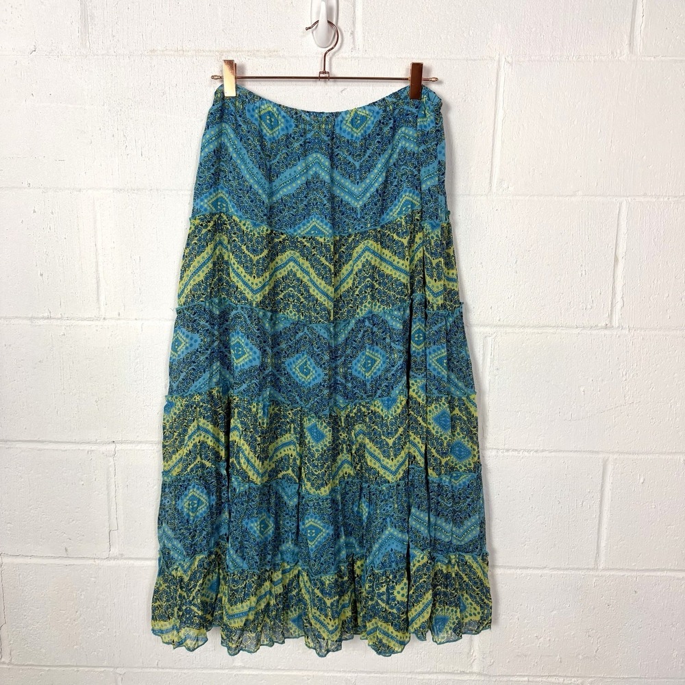 VTG Draper's‎ & Damon's Skirt BoHo Maxi Skirt SZ LP Blue Gauzy Tiers Sheer Gypsy